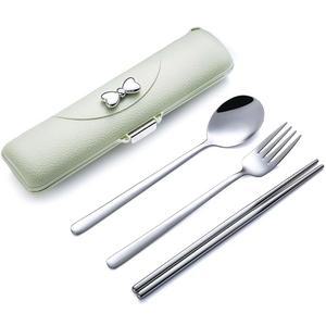 데비코 여행용 식기 세트 케이스 포함, 휴대용 도시락 세트, 재사용 가능한 캠핑 학교 피크닉용 스테인리스 스틸 18/8개, 식기세척기 안전(녹색)