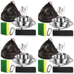 스카우트 캠핑 메시 키트 18/8인용 스테인리스 스틸 식기 디너웨어 보이 접시 세트 걸스카우트 메시백 커틀러리 여행 학교 캠프용