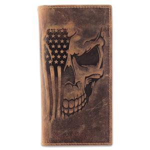 F&L 클래식 남성용 RFID 빈티지 룩 순정 가죽 롱 바이폴드 지갑 체크북 지갑, 갈색 깃발 해골, 240-103