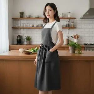 내추럴 린넨 원피스형 앞치마 카페 주방용 조리복 작업용 에이프런