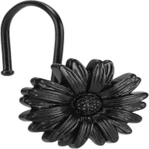 금속 데이지 샤워 커튼 후크 로드용 방청 12개 세트 욕실 플라워 헤비 듀티 디자인 아름다운 꽃 장식 블랙