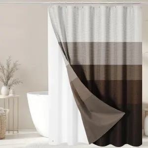 네스피 샤워 커튼 및 라이너 브라운 옴브레 스트라이프 3 in 1 12개의 방청 금속 후크가 있는 PEVA 세트