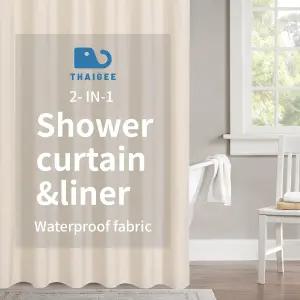 타이기 2-in-1 방수 패브릭 샤워 커튼 또는 라이너 린넨 텍스처 통기성 TPU 및 세척 가능한 욕실 세트