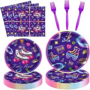FVEORK 160 팩 롤러 스케이팅 파티 용품 렛츠 롤 생일 스케이트 식기 세트 테마 장식용 40개 제공