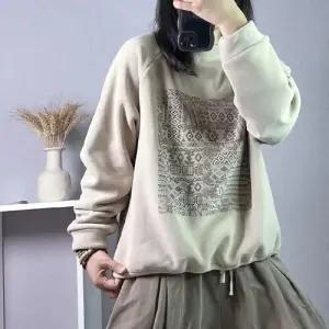 여성용 겨울 티 톱 풀오버 오플리스 아이템 양면 빈지 스트링 프린트 맨투맨 트렌디 HT4