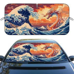 드래곤 카 윈드실드 선쉐이드 일본 웨이브 레드 롱 히트실드 앞유리 선 u200BS쉐이드 윈드실드, 자동차 세단 트럭 SUV 액세서리용 자외선 차단 선바이저 프로텍터 59x31.5인