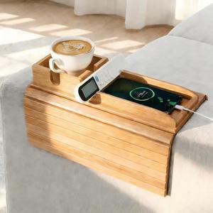 요시키 대나무 소파 팔걸이 테이블, 탈착식 컵 홀더가 있는 팔걸이, 2 in 1 디자인 접이식 미끄럼 방지 트레이 및 음료용 홀더