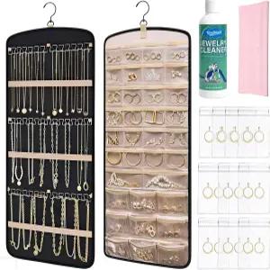걸이식 주얼리 정리함 및 청소 키트 - 금속 후크가 있는 보관 가방 양면 랙 솔루션 연마 천 변색 방지 옷장