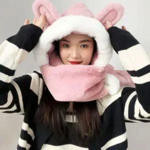 방한목토시 여자 겨울용 넥워머 후드 목도리후디머플러 형목도리 머플러 올인원 모자 따순토끼 장갑 일체