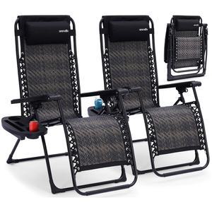 세렌라이프 무중력 라운지 의자 세트 2013년형 야외 리클라이닝 파티오 2개 세트, 라탄 사이드 테이블, 컵 홀더 및 베개 접이식 잔디 의자로 가구, 정원, 해변 또는 실내 휴식 공간을 제공합니다