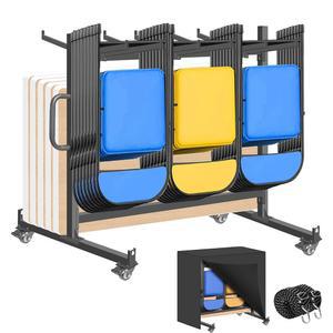 보관용 QonicFly 접이식 의자 랙, 12개의 테이블 또는 42개의 의자를 수용할 수 있는 550파운드 용량의 대형 카트, 회전 휠이 다기능 보관, 먼지 덮개, 바인딩 로프 2개