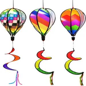 timecity 3pcs 열기구 바람 스피너 무지개 정원 바람개비 휘리직스 줄무늬 회전 시퀀싱 풍차 매달기 장식