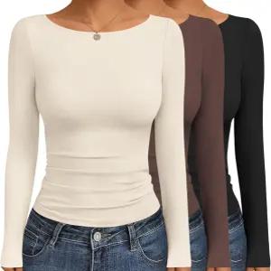에쿠아르 여성 보트넥 탑 3팩 롱 슬리브 셔츠 루즈 가을 패션 2025 의상 베이직 보온 밑단