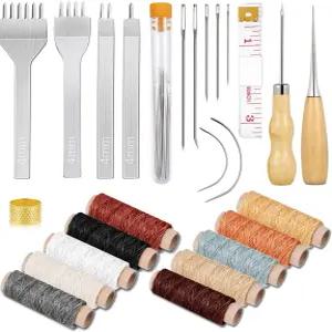 초보자를 위한 구멍 펀치 재봉 도구 실 큰 눈 스티칭 바늘이 된 크리도즈 35개 가죽 파우치 키트