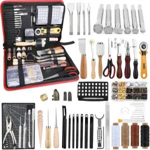 TLKKUE 가죽 작업 키트 - 보관 가방 재봉 조각 펀칭 절단 도장 도구를 위한 된 초보자용 제작