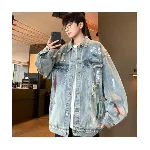 키체샵 남성 청자켓 워싱 그래피티 찢청 코트 가을 칼라 재킷 HO3