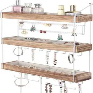 JACKCube 디자인 벽걸이 액세서리 수납 선반과 18개의 금속 귀걸이 목걸이 후크가 있는 3단 나무 주얼리