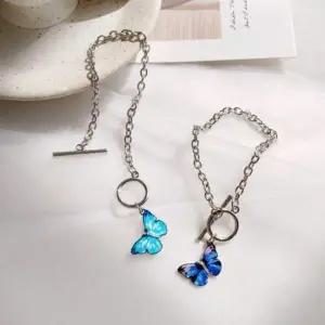 몽환 수채화 블루 나비 펜던트 실버 체인 팔찌