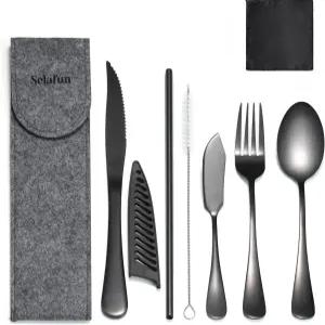 셀라펀 여행 도구 케이스 포함 휴대용 여행용 실버웨어 세트 스테인리스 도시락 식기 작업 캠핑 피크닉