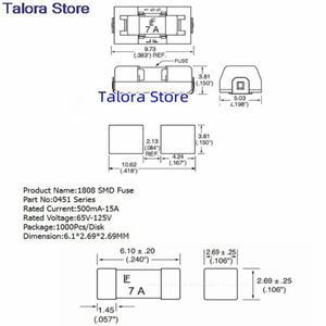고온 내성 1808/2410 SMD 퓨즈 거치대 0451 고속 0.5A 1A 2A 6.3A -15A 125V 65V 01550900m 10 개