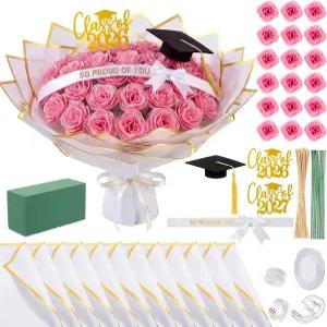 68개 졸업 글리터 장미 꽃다발 포장 액세서리 키트 18개 10장 포장지 카드 캡 삽입 어머니의 날을 위한 DIY