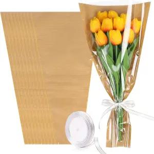 DIYASY 50개 꽃 포장 봉투 꽃다발 리본이 달린 크래프트 페이퍼 소매 결혼 어머니의 날 졸업 선물