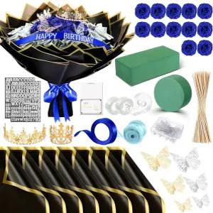 메이싱 머니 부케 키트 12개 글리터 로즈 20장 꽃 포장지 DIY 꽃다발 꽃무늬 폼 블록 기념일 어머니의 날