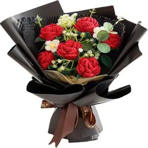 완성된 크로셰 플라워 수제 니트 부케 로즈 퍼프 기프트 카드 가방 키트 어머니의 날 발렌타인 데이 결혼식