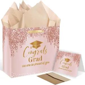 2026 로즈 골드 졸업 선물 가방 축하 인사말 카드와 휴지가 포함된 기념일 생일 결혼식 은퇴 파티를 위한