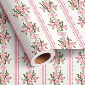 딜로바 웨딩 포장지 롤 걸 발렌타인 데이를 위한 핑크 로즈 보우 스트라이프 플로럴 디자인 선물 랩 17인치