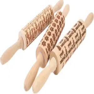 Pssopp 3Pcs 각인 엠보싱 롤링 핀 귀여운 크리스마스 패턴 나무 파스타 쿠키 도우 페이스트리 베이커리
