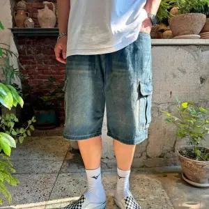 [옷자락]남자 데님버뮤다 카고 캣워싱 밴딩 와이드핏 청반바지