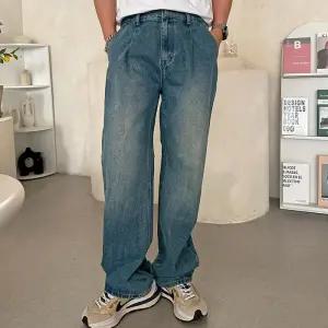 [옷자락]남자 핀턱 세미와이드 워싱 여름 뒷밴딩 면 청바지