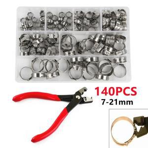 140pcs 단일 귀 무단 호스 클램프 7-21mm 304 스테인레스 스틸 신치 링  1PC 클립 플라이어