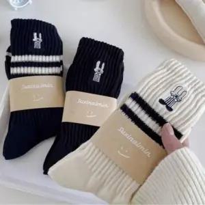 [패션] 여성 3컬러 스트라이프 토끼자수 중목양말 3종세트