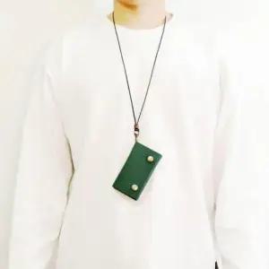 수제 가죽 직사각 목걸이 카드 지갑 오플 쑥색