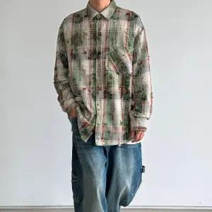 [옷자락]남자 스트릿 빅사이즈 포켓 데미지 배색 체크 셔츠