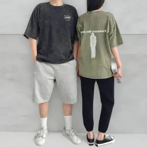 [옷자락]남녀공용 빈티지 워시드 코튼 루즈핏 반팔 티셔츠