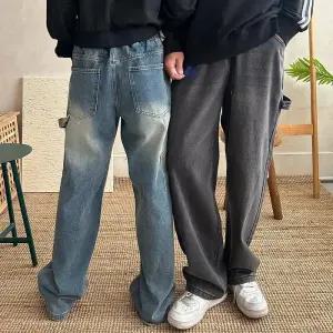[옷자락]남자 여자 커플팬츠 카펜터 워싱 루즈 와이드 청바지