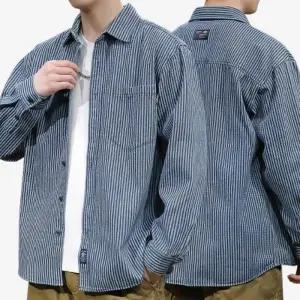 [아이에스이랩]스트라이프 긴팔 오버핏 청남방 데님 셔츠 3SH038