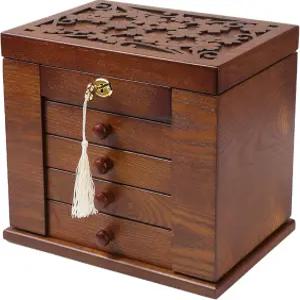 여성용 창수오 나무 보석함 보석 시계 목걸이 반지 잠금식 보관 케이스(다크 브라운)를 위한 잠금 및