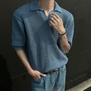 원더맨 남사친 여름 빈티지 풀오버 탑 반팔티 블루 스웨터 카라 얇은 데일리룩 KUK2