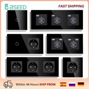 EU USB 벽 소켓이있는 BSEED 터치 라이트 스위치 검은 Led 123Gang 1Way 크리스탈 진한 파란색