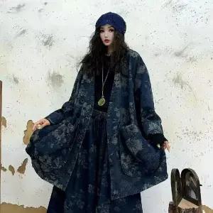 블랙팬서 청 여친 빈티지 가을 톱 프린트 포켓 브이넥 코트 빅사이즈 OPH3