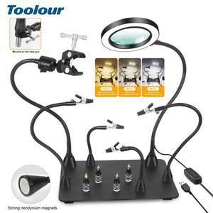 Toolour 납땜 도우미 손 마그네틱 PCB 회로 기판 거치대 360  에어 건 5X LED 돋보기 램프 포함