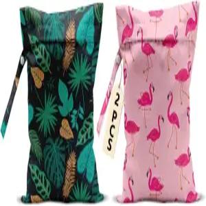 2Pcs 핑크 플라밍고 습식 가방 12x10 인치 그린 방수 여행용 세탁 재사용 가능한 드라이 백 수영장 비치