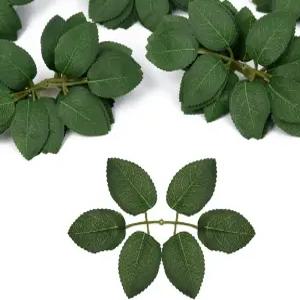 장미 장식용 가짜 잎 DIY 결혼식 꽃다발용 줄기가 달린 80pcs 벌크 녹색 중앙 파티 덩굴 화환 용품