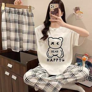 쉬블림로브 3피스(반팔+반바지+긴바지) 여성 캐릭터 체크 홈웨어 파자마 잠옷 세트 GWD0211