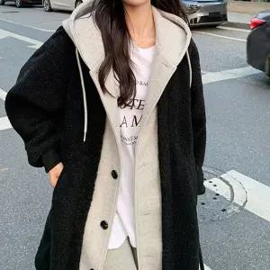 오버핏 여성양털 블랙 뽀글이 아우터 트렌치 코트 레이어드 후드 롱코트