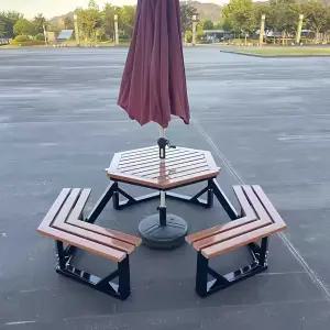 플라스틱 목재 파라솔 일체형 야외 테이블벤치의자세트 6인 방부목 철제 휴게소 카페 옥상